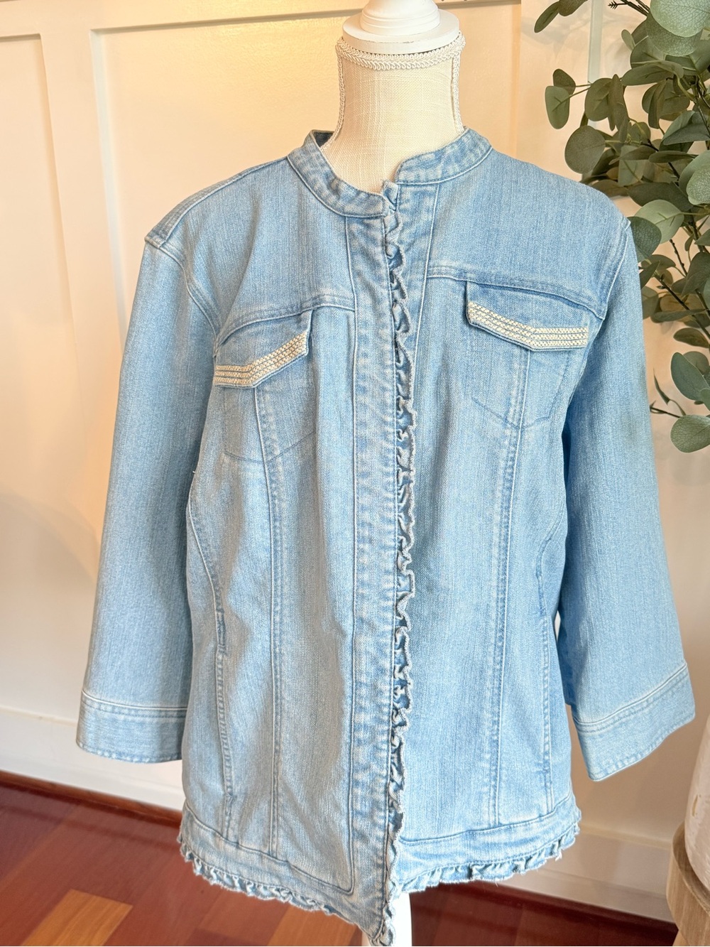 Chico's Light Blue Denim Jacket with Ruffle Trim XL